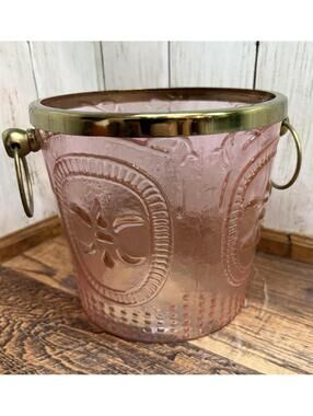 Vintage Pink Glass MCM Champagne Bucket Brass Rim & Handles Ice Hobnail Pattern